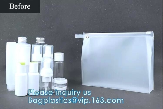 Lo stoccaggio in bottiglia trasparente di necessità quotidiane del bagno dei cosmetici dei prodotti di cura di pelle insacca le borse cosmetiche