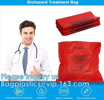 Borse di disposizione di rischio biologico del polipropilene, etichetta di avvertimento, sterilizzazione stampata, borse residue con il simbolo di rischio biologico