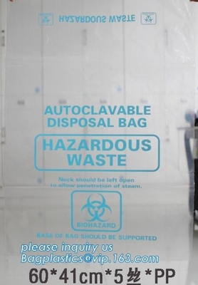 Disposizione sicura, rischio biologico che identifica, borsa autoclavabile, polipropilene, sacco trasparente eliminabile e chiaro di disposizione