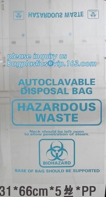 Disposizione sicura, rischio biologico che identifica, borsa autoclavabile, polipropilene, sacco trasparente eliminabile e chiaro di disposizione