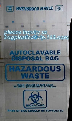 Disposizione sicura, rischio biologico che identifica, borsa autoclavabile, polipropilene, sacco trasparente eliminabile e chiaro di disposizione