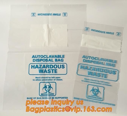 Disposizione sicura, rischio biologico che identifica, borsa autoclavabile, polipropilene, sacco trasparente eliminabile e chiaro di disposizione