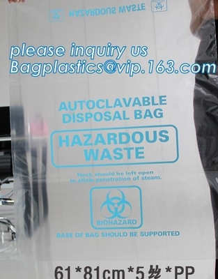 Disposizione sicura, rischio biologico che identifica, borsa autoclavabile, polipropilene, sacco trasparente eliminabile e chiaro di disposizione
