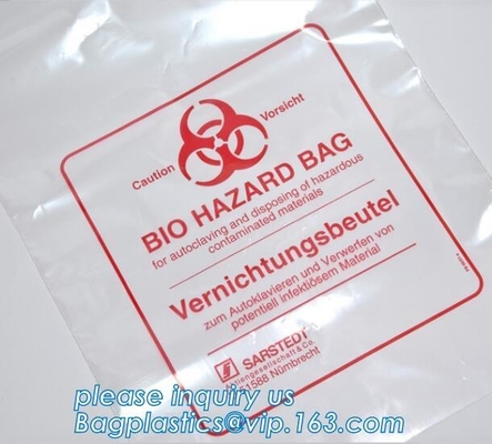 Disposizione sicura, rischio biologico che identifica, borsa autoclavabile, polipropilene, sacco trasparente eliminabile e chiaro di disposizione
