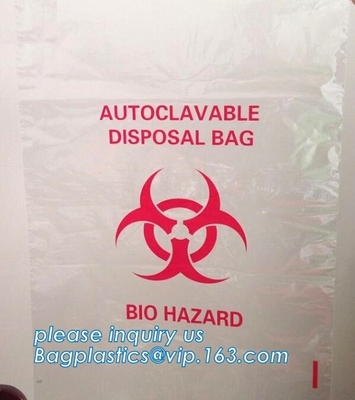 Disposizione sicura, rischio biologico che identifica, borsa autoclavabile, polipropilene, sacco trasparente eliminabile e chiaro di disposizione