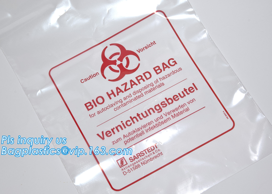 Disposizione sicura, rischio biologico che identifica, borsa autoclavabile, polipropilene, sacco trasparente eliminabile e chiaro di disposizione