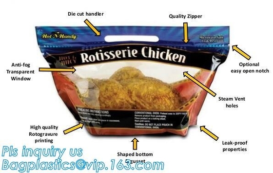 Del supporto borsa calda antinebbia biodegradabile del pollo del girarrosto di microonda della borsa della chiusura lampo del pollo arrosto su con la maniglia