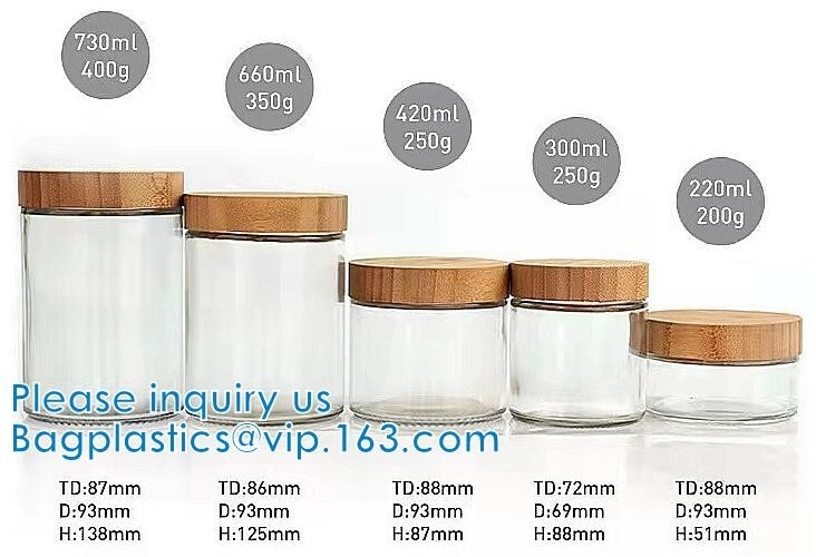 Contenitore del barattolo di stoccaggio con il coperchio di legno di bambù, barattoli di vetro QUADRATI, intorno ai barattoli cosmetici del concentrato