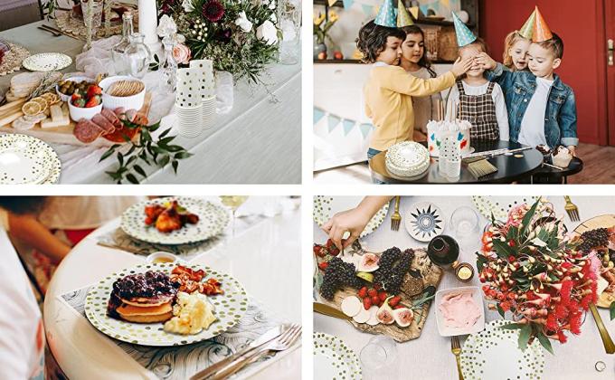 I rifornimenti del partito placcano, tazze, cucchiai, forchetta, tovaglioli, insieme di cena, carta ed insieme di plastica del padellame, stoviglie 4