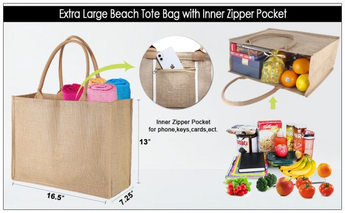 Tasca interna della chiusura lampo di Tote Bag Full Gusset With della iuta di Tote Bags Bulk Laminated Interior della tela da imballaggio, DIY Art Crafts 1