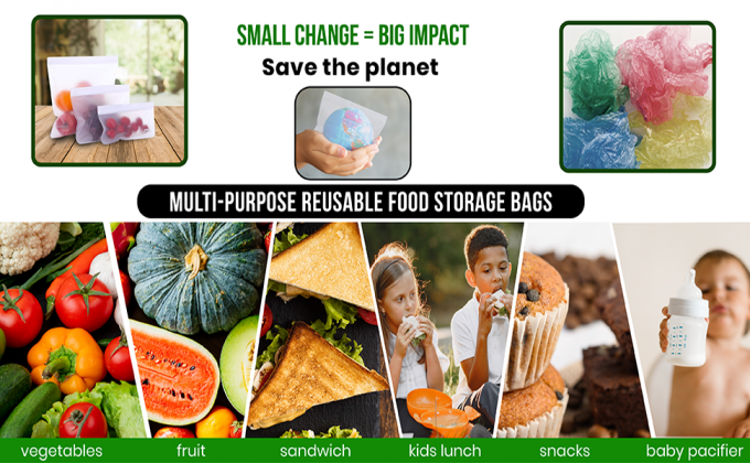 PEVA, silicone, borse risigillabili dell'alimento del congelatore di stoccaggio riutilizzabile, contenitore ermetico del pranzo della chiusura lampo della prova della perdita 6